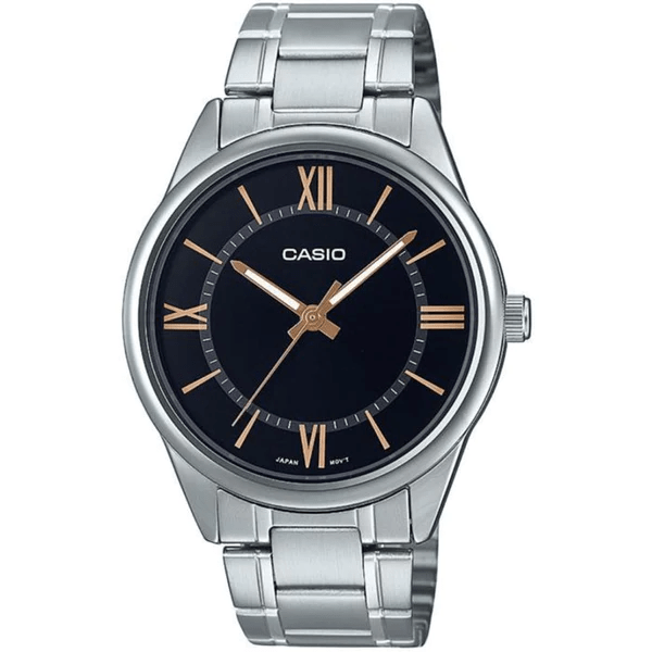 MTP-V005D-1B5UDF Casio Black Dial Silver Stainless Steel Chain Analog Men's Watch. - Timecheck