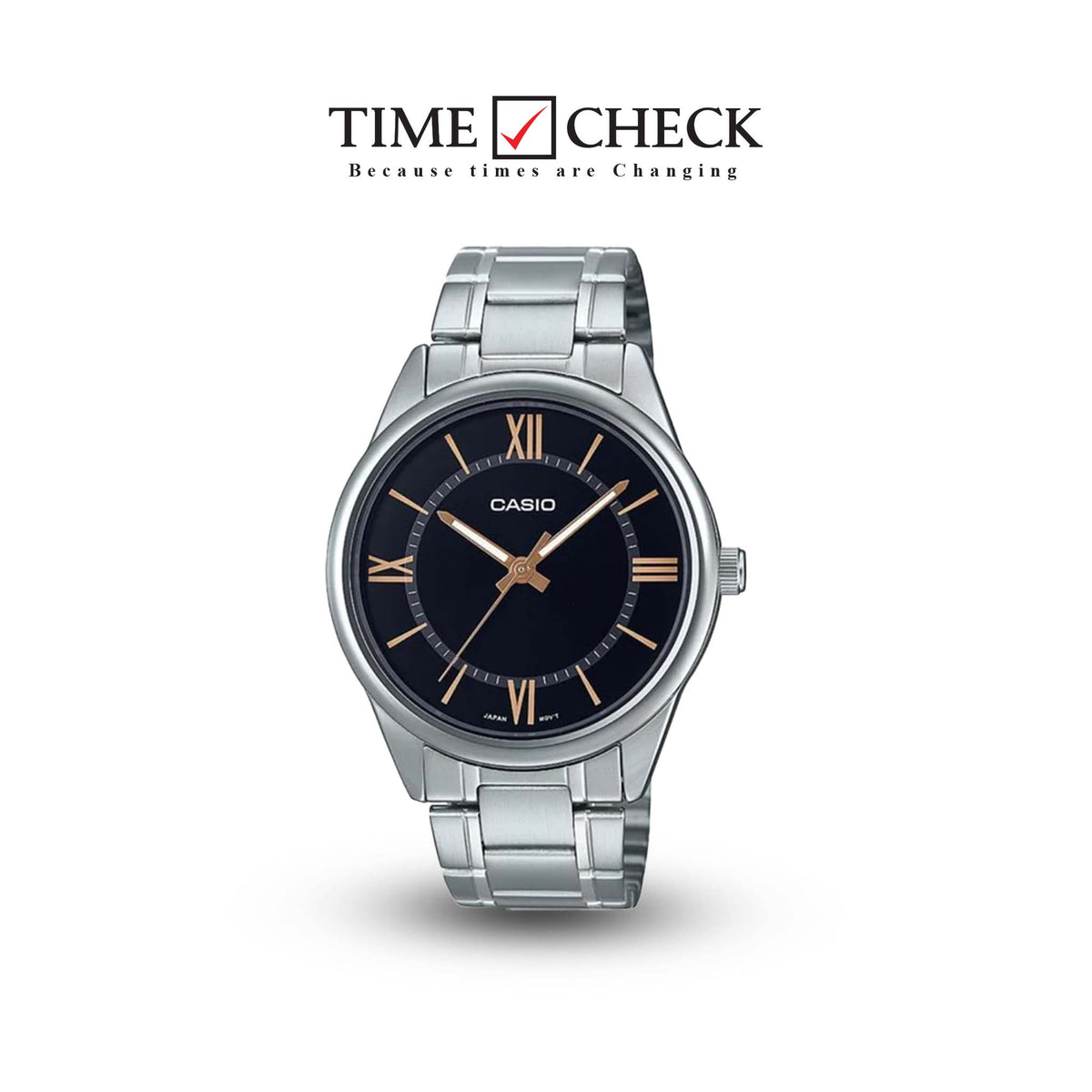 MTP-V005D-1B5UDF Casio Black Dial Silver Stainless Steel Chain Analog Men's Watch. - Timecheck