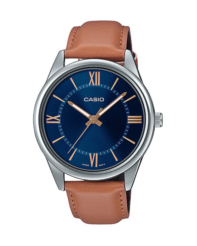 MTP-V005L-2B5UDF Casio Blue Dial Leather Strap Analog Quartz Men's Watch. - Timecheck