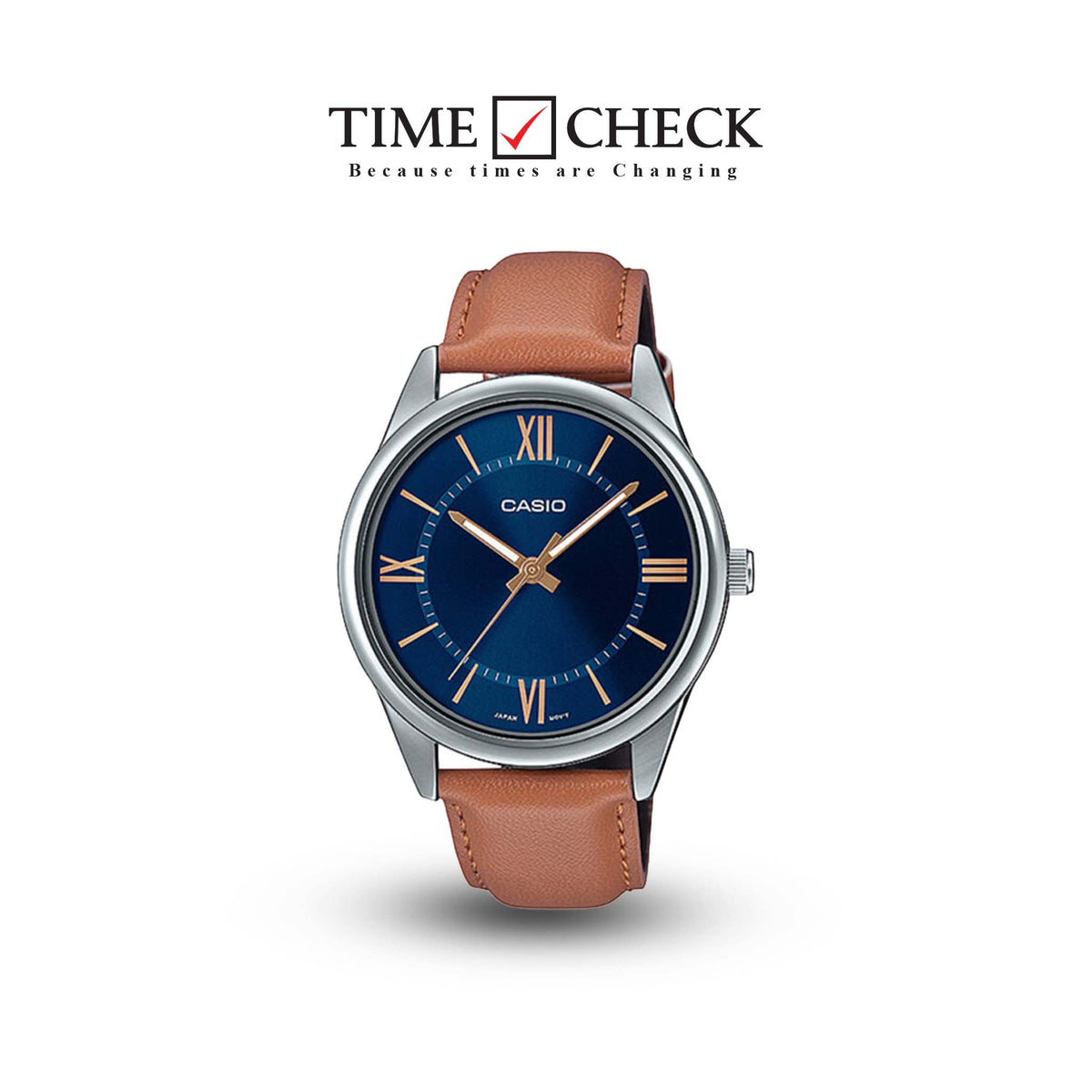 MTP-V005L-2B5UDF Casio Blue Dial Leather Strap Analog Quartz Men's Watch. - Timecheck