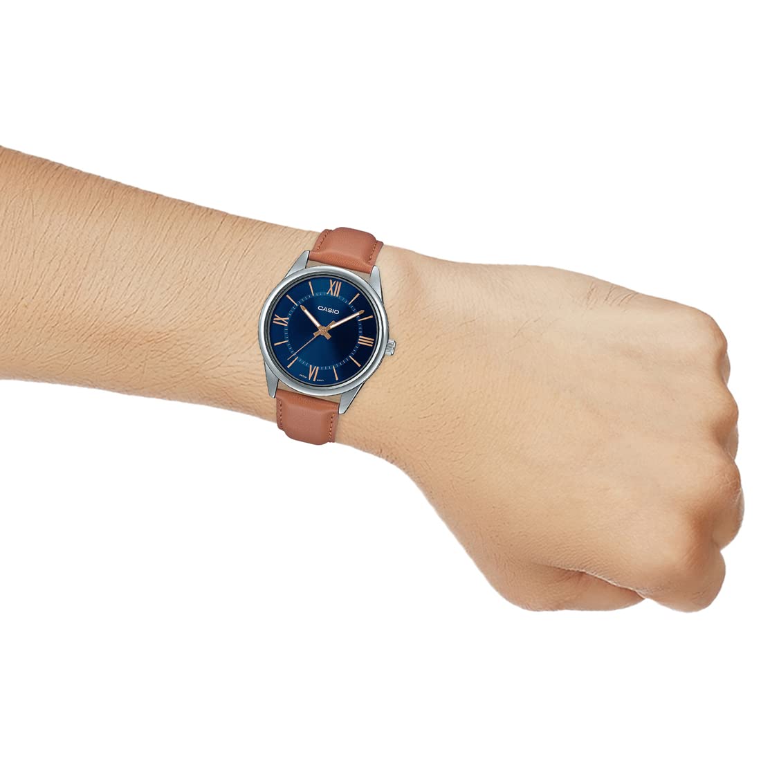 MTP-V005L-2B5UDF Casio Blue Dial Leather Strap Analog Quartz Men's Watch. - Timecheck
