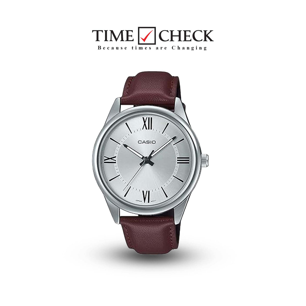 MTP-V005L-7B5UDF Casio Silver Dial Brown Leather Strap Analog Quartz Men's Watch. - Timecheck
