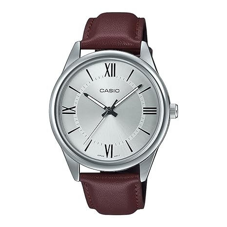 MTP-V005L-7B5UDF Casio Silver Dial Brown Leather Strap Analog Quartz Men's Watch. - Timecheck