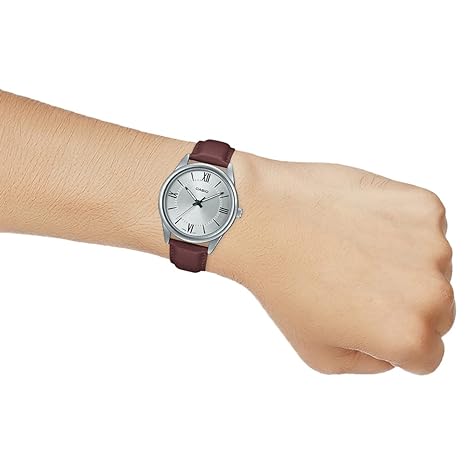 MTP-V005L-7B5UDF Casio Silver Dial Brown Leather Strap Analog Quartz Men's Watch. - Timecheck