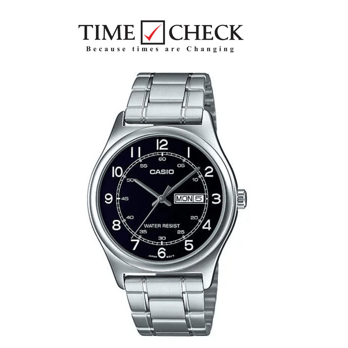 MTP-V006D-1B2UDF Casio Day & Date Black Dial Silver Stainless Steel Analog Men's Watch - Timecheck