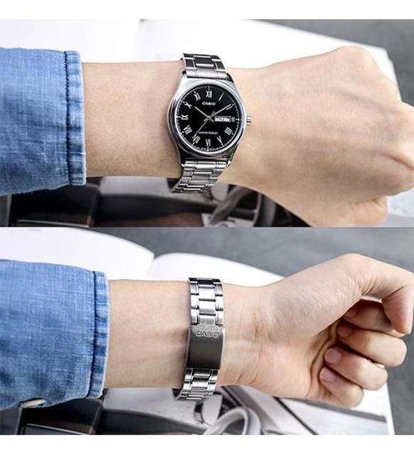 MTP-V006D-1BUDF Casio Black Dial Silver Case Stainless Steel Analog Quartz Men's Watch. - Timecheck