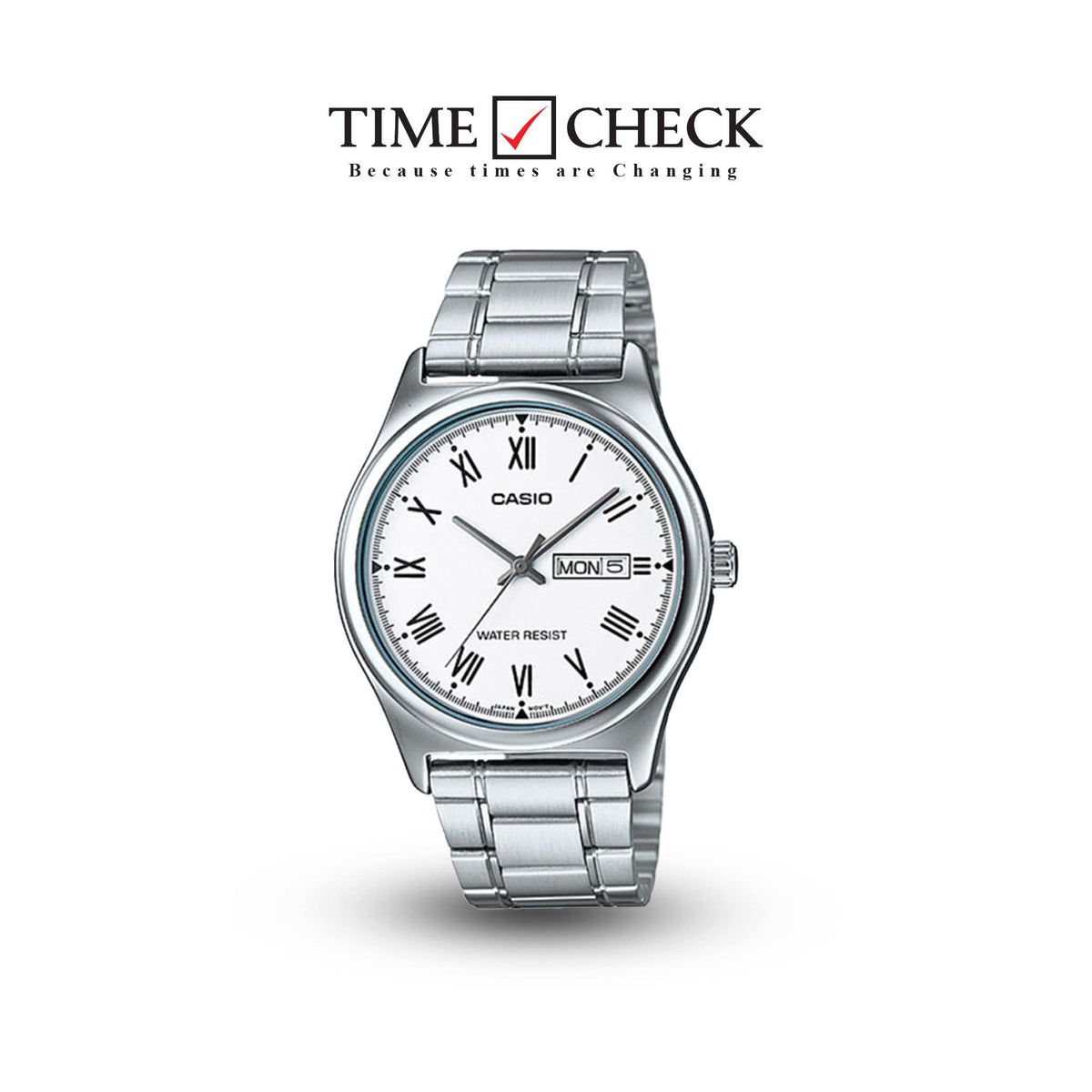MTP-V006D-7BUDF Casio White Dial Day & Date Stainless Steel Analog Men's Watch. - Timecheck