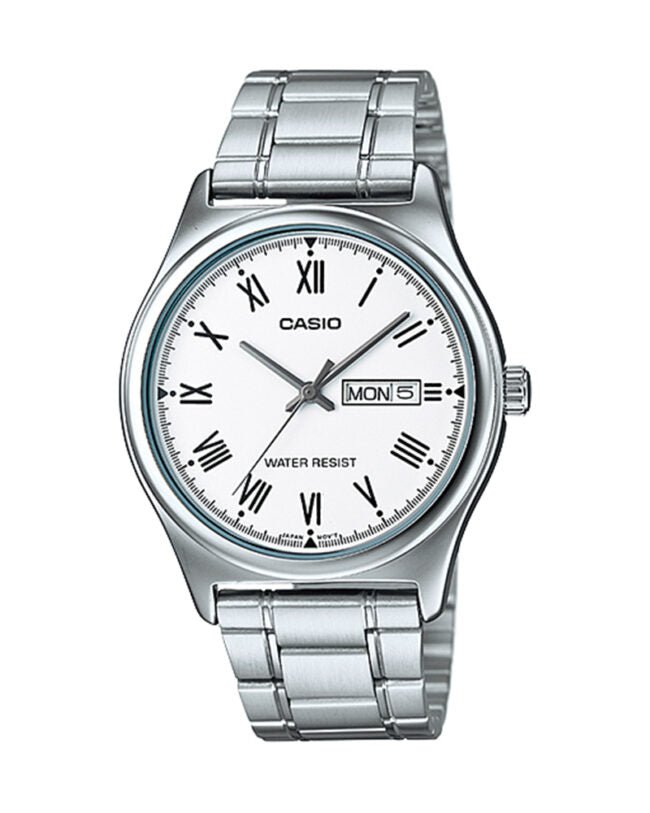 MTP-V006D-7BUDF Casio White Dial Day & Date Stainless Steel Analog Men's Watch. - Timecheck