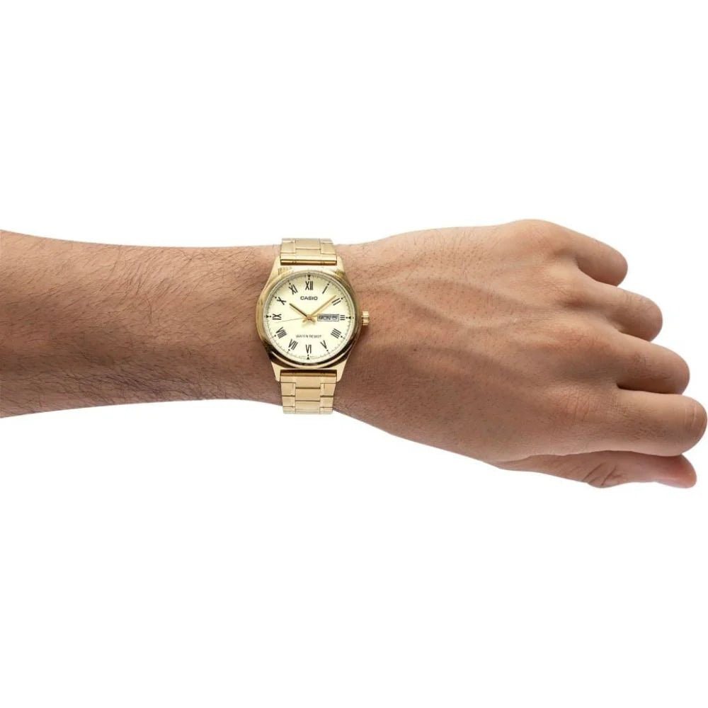 MTP-V006G-9BUDF Casio Golden Dial Stainless Steel Golden Chain Men's Watch. - Timecheck