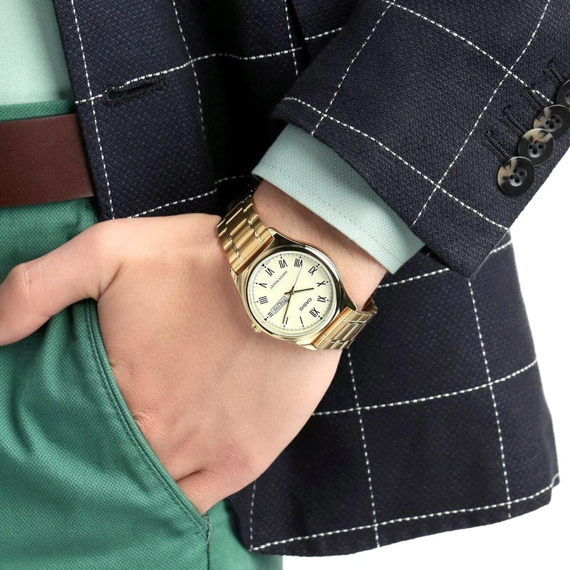 MTP-V006G-9BUDF Casio Golden Dial Stainless Steel Golden Chain Men's Watch. - Timecheck