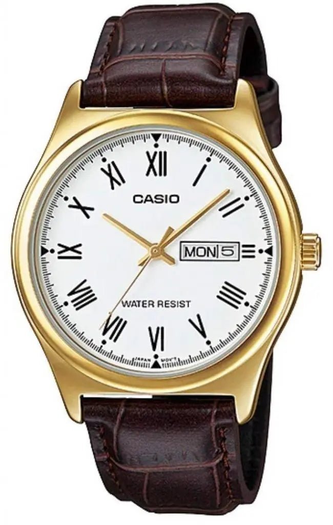 MTP-V006GL-7BUDF Casio Dress Gold Case White Dial Analog Leather Band Men's Watch. - Timecheck