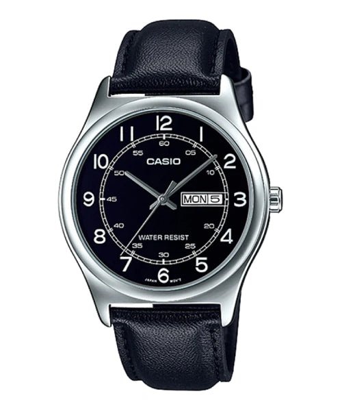 MTP-V006L-1B2UDF Casio Black Dial Black Leather Strap Analog Quartz Men's Watch. - Timecheck