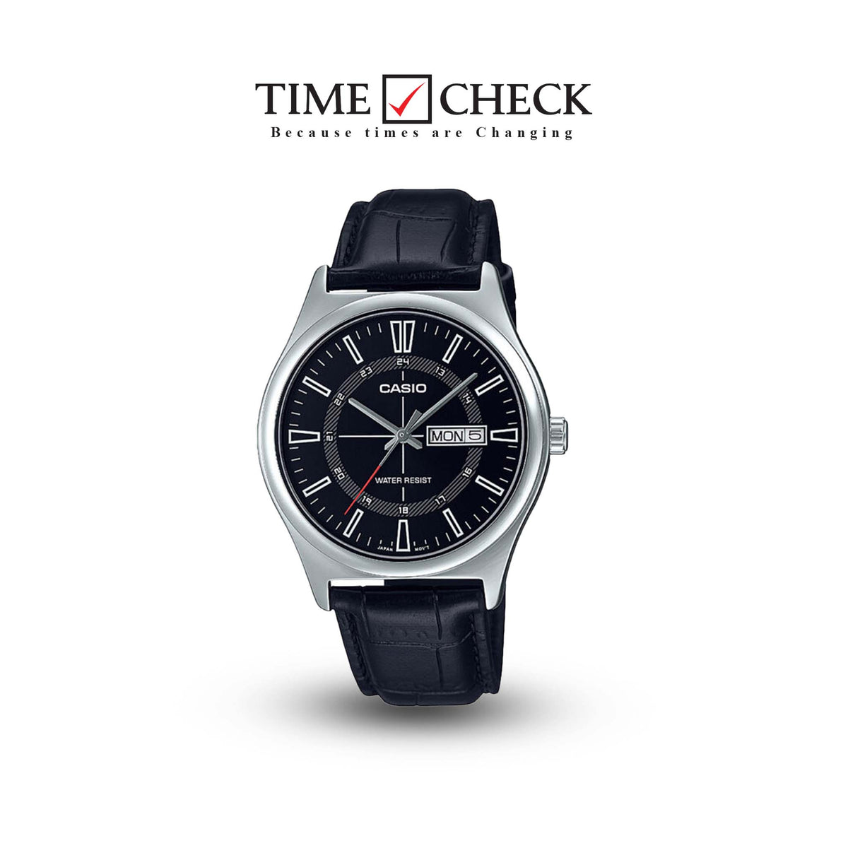 MTP-V006L-1CUDF Casio Black Dial Silver Case Black Leather Analog Men's Watch. - Timecheck