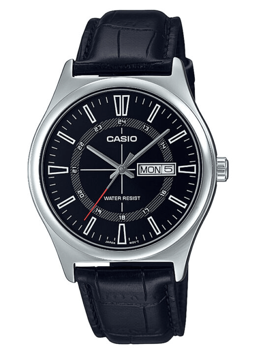 MTP-V006L-1CUDF Casio Black Dial Silver Case Black Leather Analog Men's Watch. - Timecheck