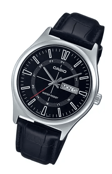 MTP-V006L-1CUDF Casio Black Dial Silver Case Black Leather Analog Men's Watch. - Timecheck