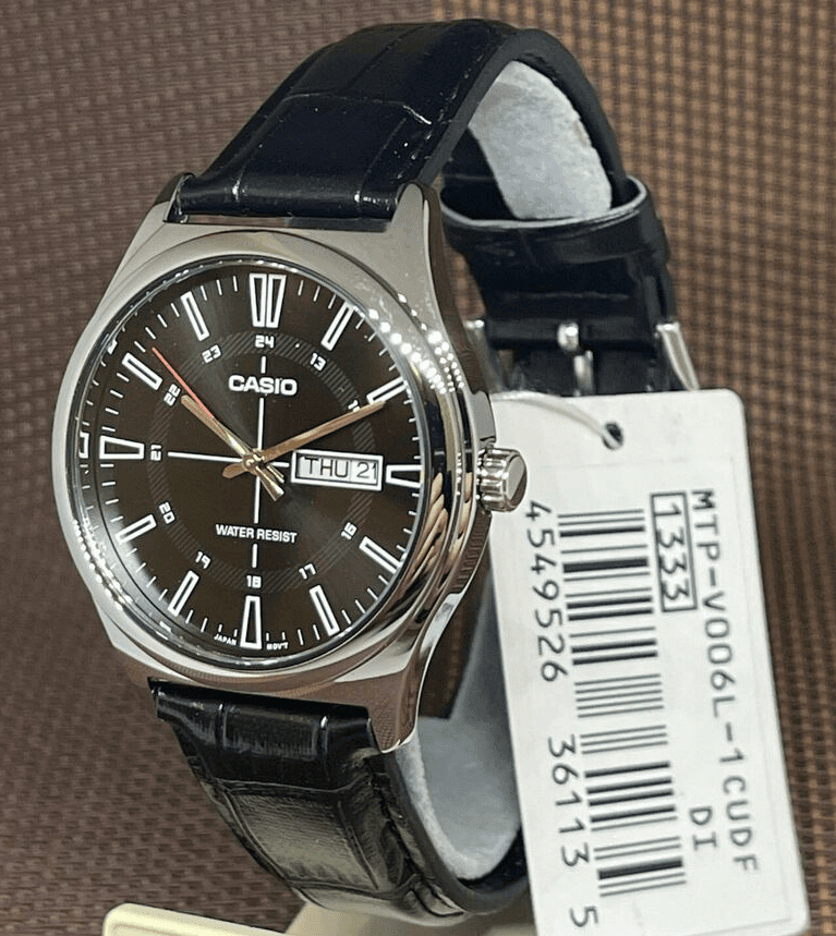 MTP-V006L-1CUDF Casio Black Dial Silver Case Black Leather Analog Men's Watch. - Timecheck