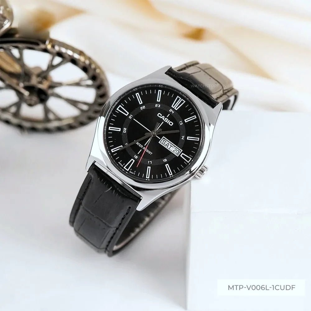 MTP-V006L-1CUDF Casio Black Dial Silver Case Black Leather Analog Men's Watch. - Timecheck