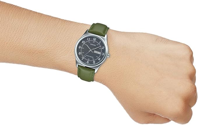 MTP-V006L-3BUDF Casio Gray Dial Green Leather Strap Analog Quartz Men's Watch. - Timecheck