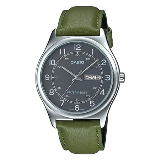 MTP-V006L-3BUDF Casio Gray Dial Green Leather Strap Analog Quartz Men's Watch. - Timecheck