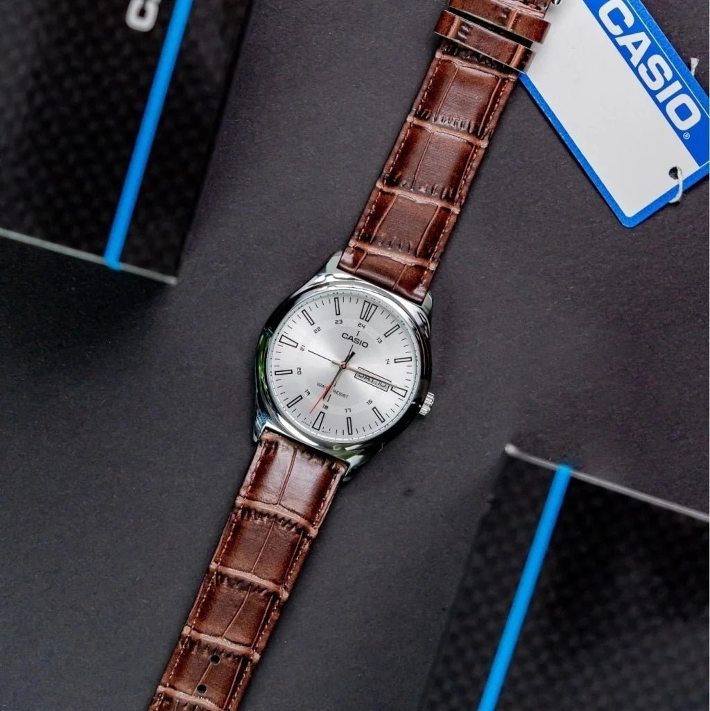 MTP-V006L-7CUDF Casio Silver Dial Silver Case Brown Leather Strap Analog Men's Watch. - Timecheck