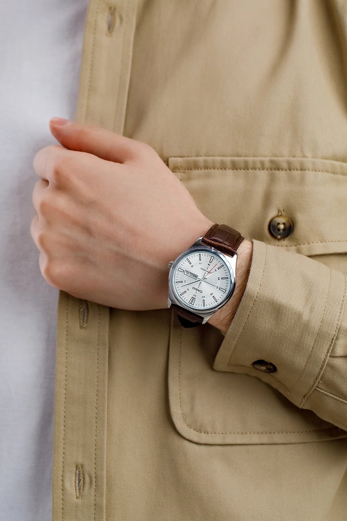 MTP-V006L-7CUDF Casio Silver Dial Silver Case Brown Leather Strap Analog Men's Watch. - Timecheck