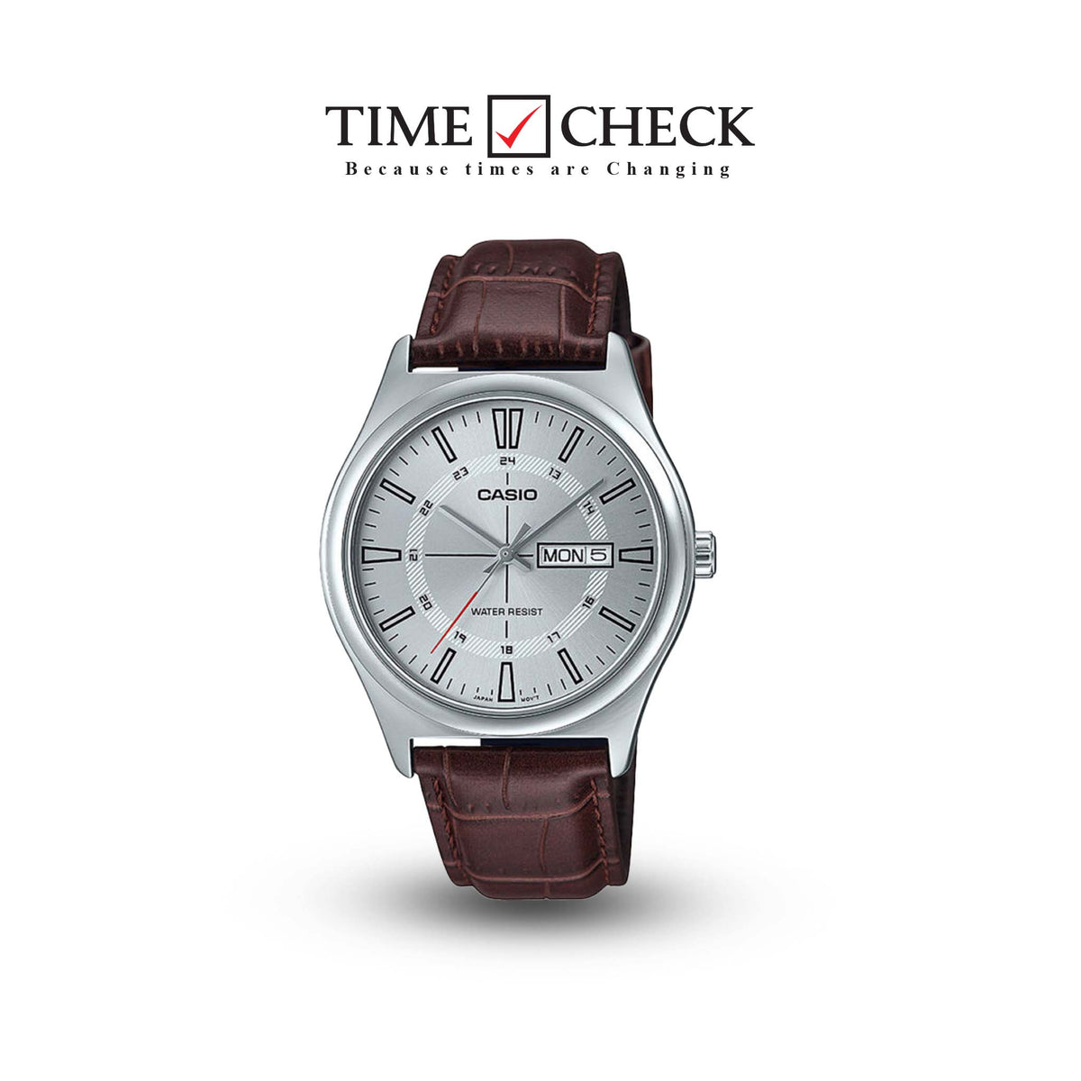 MTP-V006L-7CUDF Casio Silver Dial Silver Case Brown Leather Strap Analog Men's Watch. - Timecheck