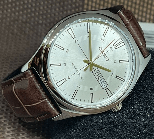 MTP-V006L-7CUDF Casio Silver Dial Silver Case Brown Leather Strap Analog Men's Watch. - Timecheck