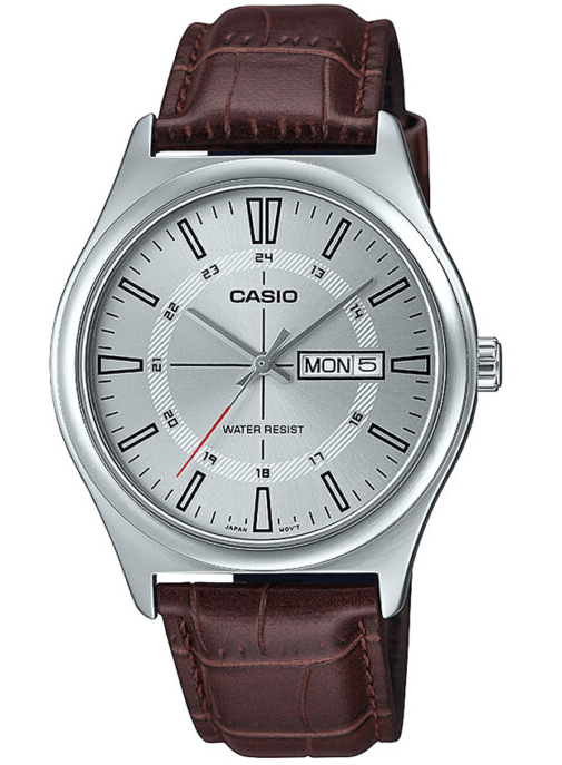 MTP-V006L-7CUDF Casio Silver Dial Silver Case Brown Leather Strap Analog Men's Watch. - Timecheck