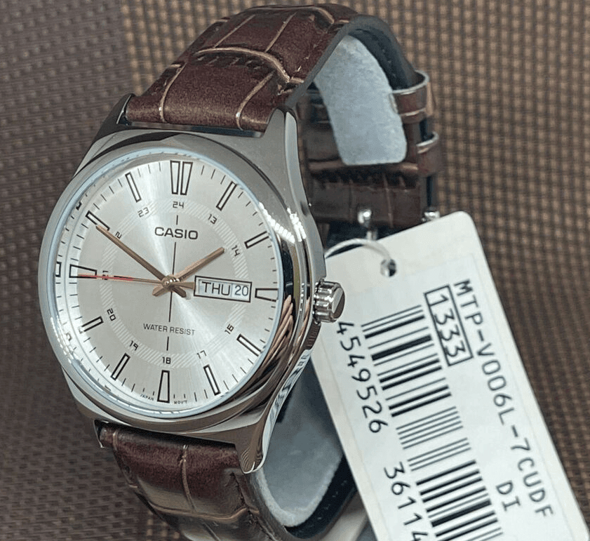MTP-V006L-7CUDF Casio Silver Dial Silver Case Brown Leather Strap Analog Men's Watch. - Timecheck