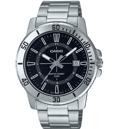 MTP-VD01D-1CVUDF Casio Black Dial Silver Stainless Steel Chain Analog Men's Watch. - Timecheck