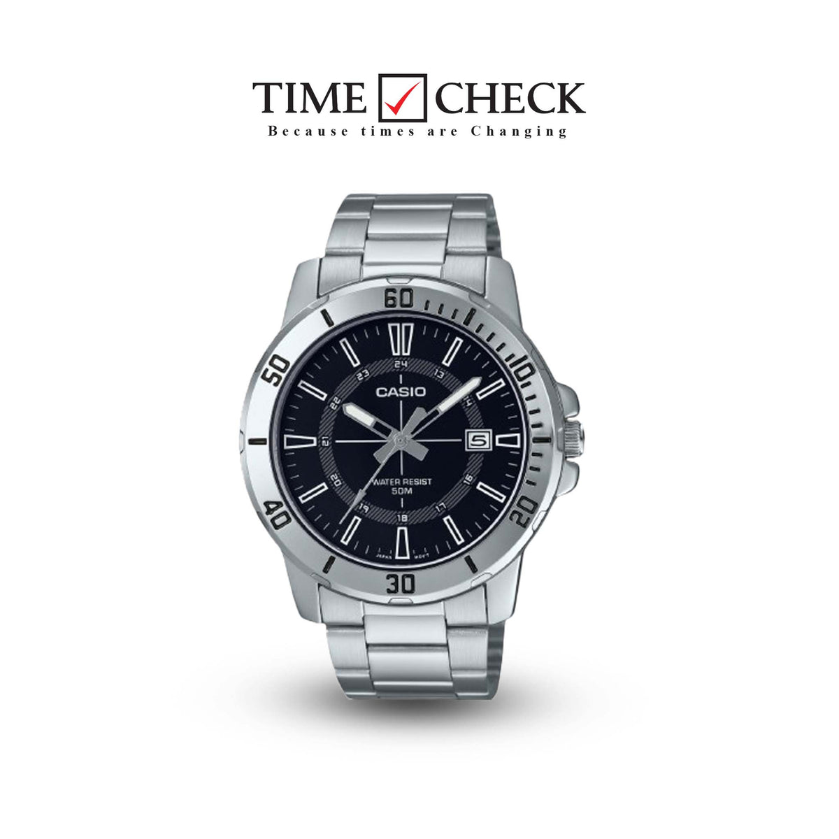 MTP-VD01D-1CVUDF Casio Black Dial Silver Stainless Steel Chain Analog Men's Watch. - Timecheck