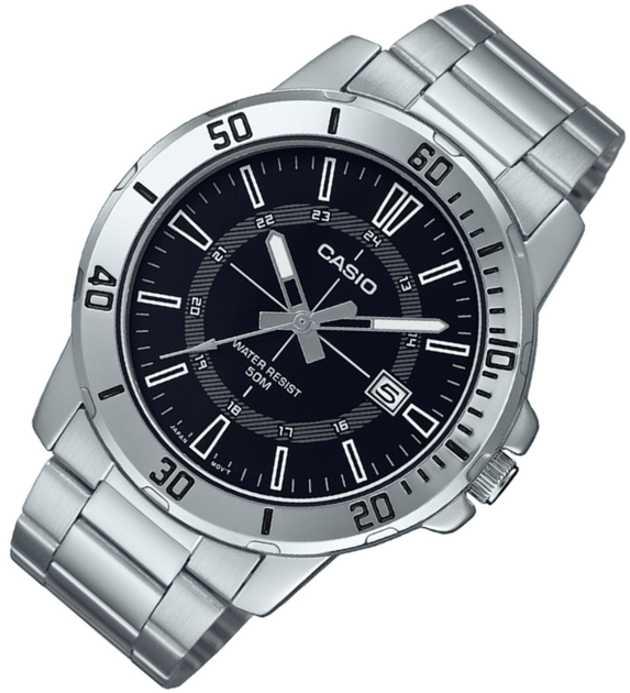 MTP-VD01D-1CVUDF Casio Black Dial Silver Stainless Steel Chain Analog Men's Watch. - Timecheck
