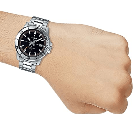 MTP-VD01D-1E2VDF Casio Black Dial Silver Stainless Steel Chain Analog Quartz Men's Watch. - Timecheck