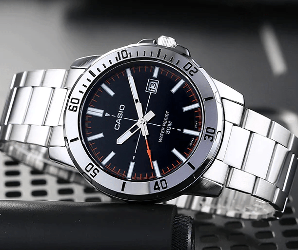 MTP-VD01D-1E2VDF Casio Black Dial Silver Stainless Steel Chain Analog Quartz Men's Watch. - Timecheck