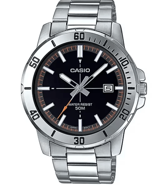 MTP-VD01D-1E2VDF Casio Black Dial Silver Stainless Steel Chain Analog Quartz Men's Watch. - Timecheck