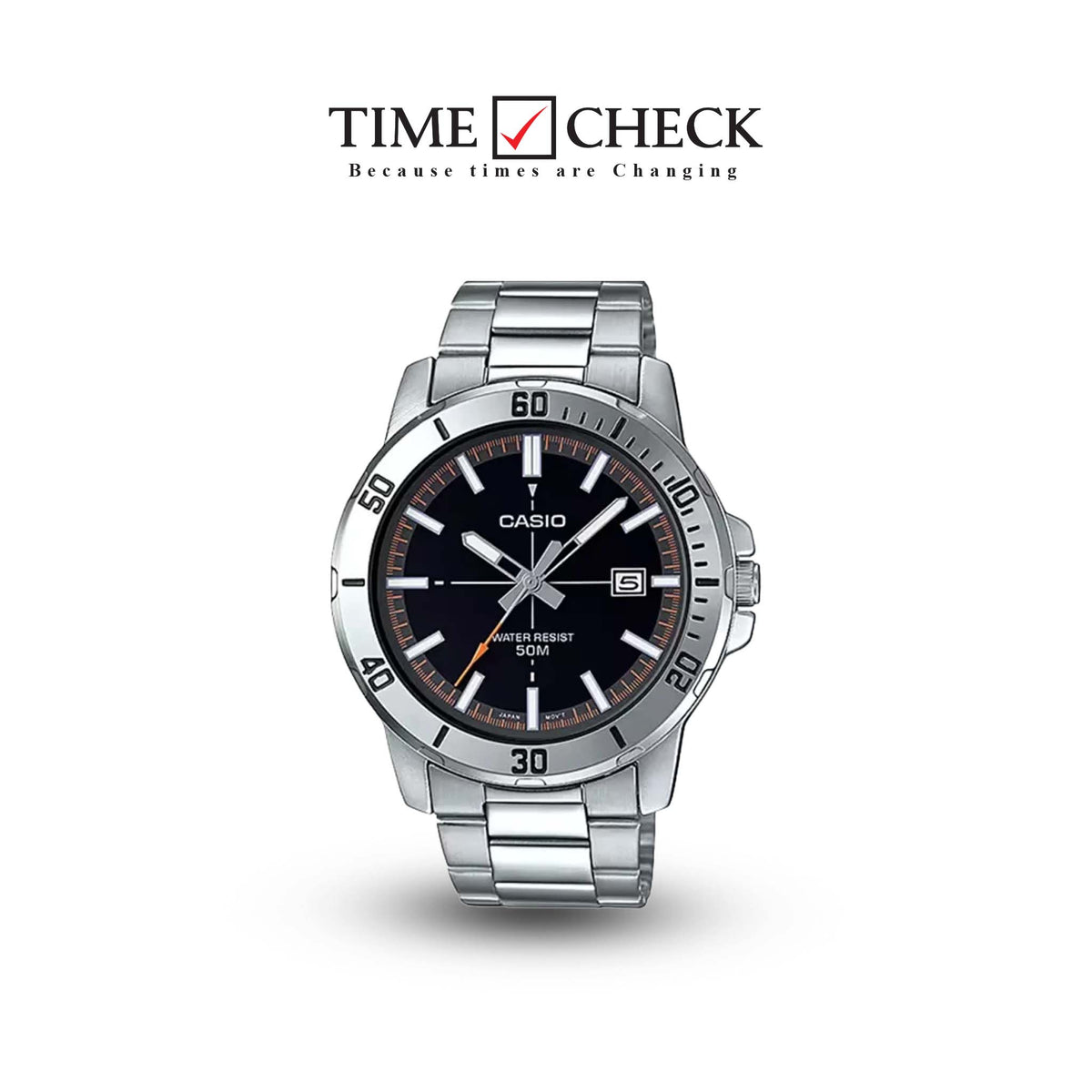 MTP-VD01D-1E2VDF Casio Black Dial Silver Stainless Steel Chain Analog Quartz Men's Watch. - Timecheck