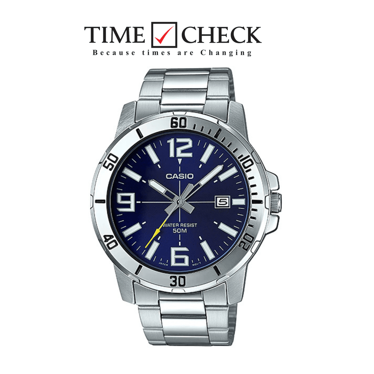 MTP-VD01D-2BVUDF Casio Blue Dial Silver Stainless Steel Chain Analog Men's Watch. - Timecheck