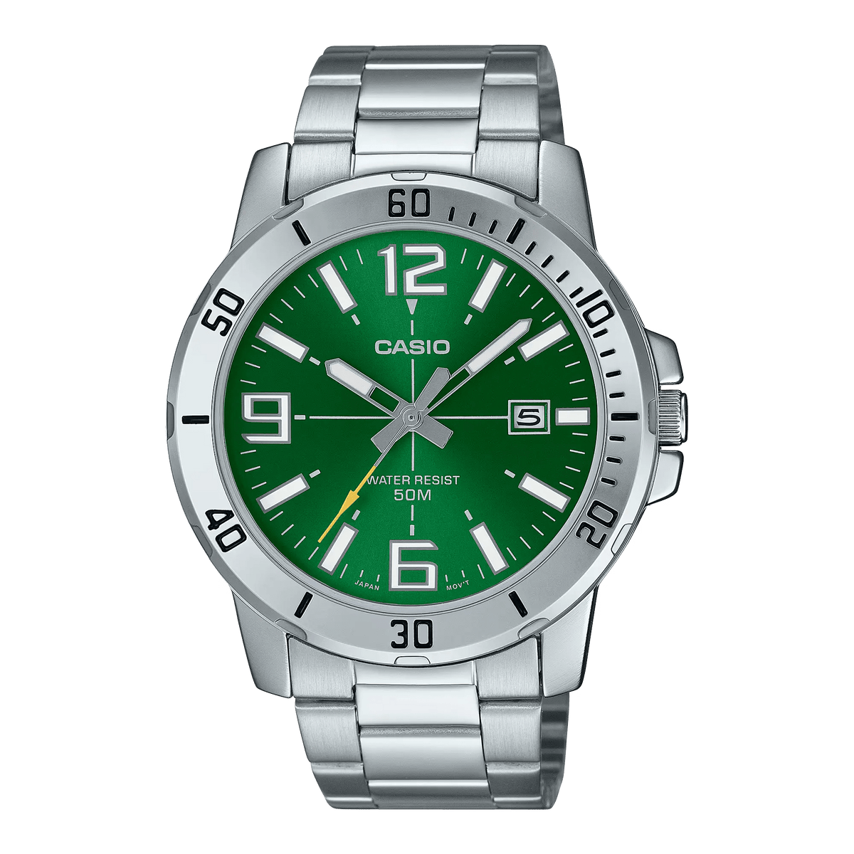 MTP-VD01D-3BVUDF Casio Green Dial Silver Stainless Steel Chain Analog Men's Watch. - Timecheck
