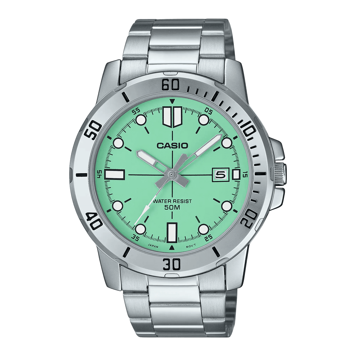 MTP-VD01D-3E1VUDF Casio Sea Green Dial Silver Stainless Steel Chain Analog Men's Watch. - Timecheck