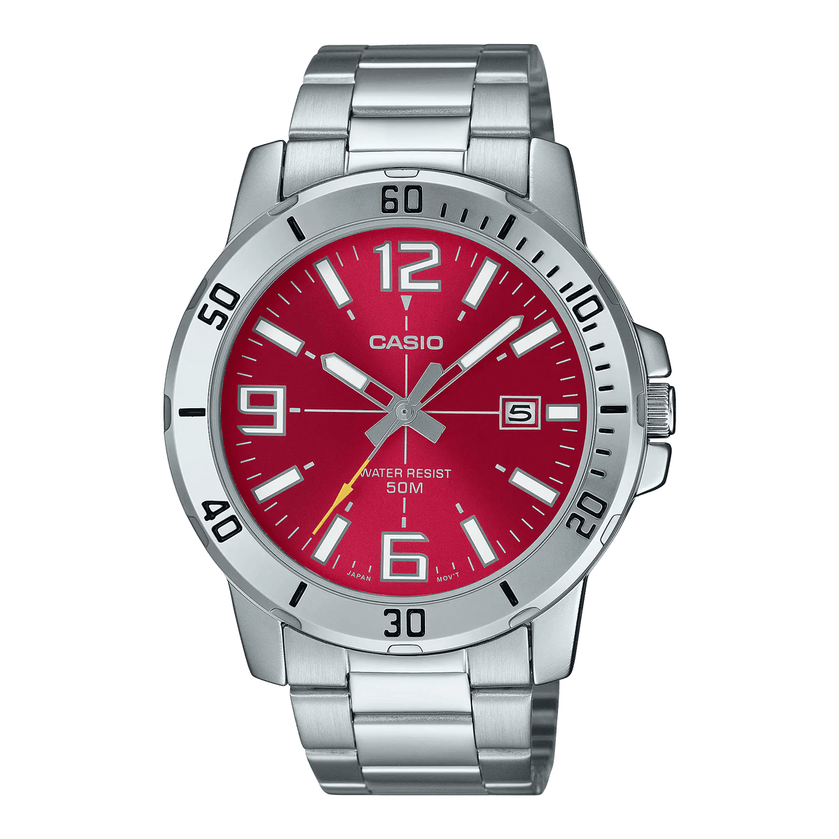 MTP-VD01D-4BVUDF Casio Stylish Red Dial Silver Stainless Steel Chain Analog Men's Watch. - Timecheck