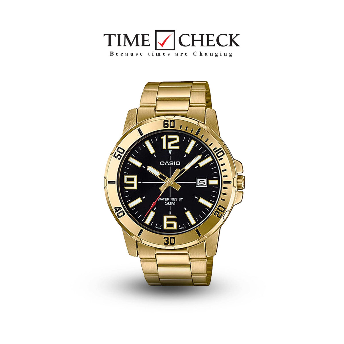 MTP-VD01G-1BVUDF Black Dial Stainless Steel Gold Chain Analog Quartz Men's Watch. - Timecheck