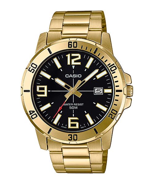 MTP-VD01G-1BVUDF Black Dial Stainless Steel Gold Chain Analog Quartz Men's Watch. - Timecheck