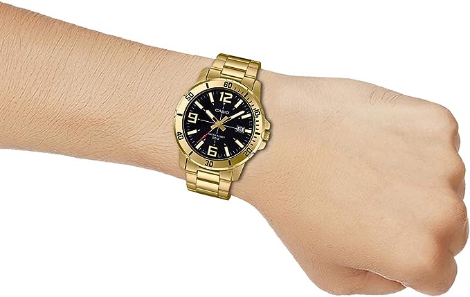 MTP-VD01G-1BVUDF Black Dial Stainless Steel Gold Chain Analog Quartz Men's Watch. - Timecheck