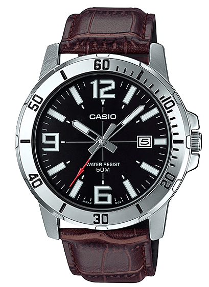 MTP-VD01L-1BVUDF Casio Black Dial Steel Case Brown Leather Strap Analog Men's Watch. - Timecheck