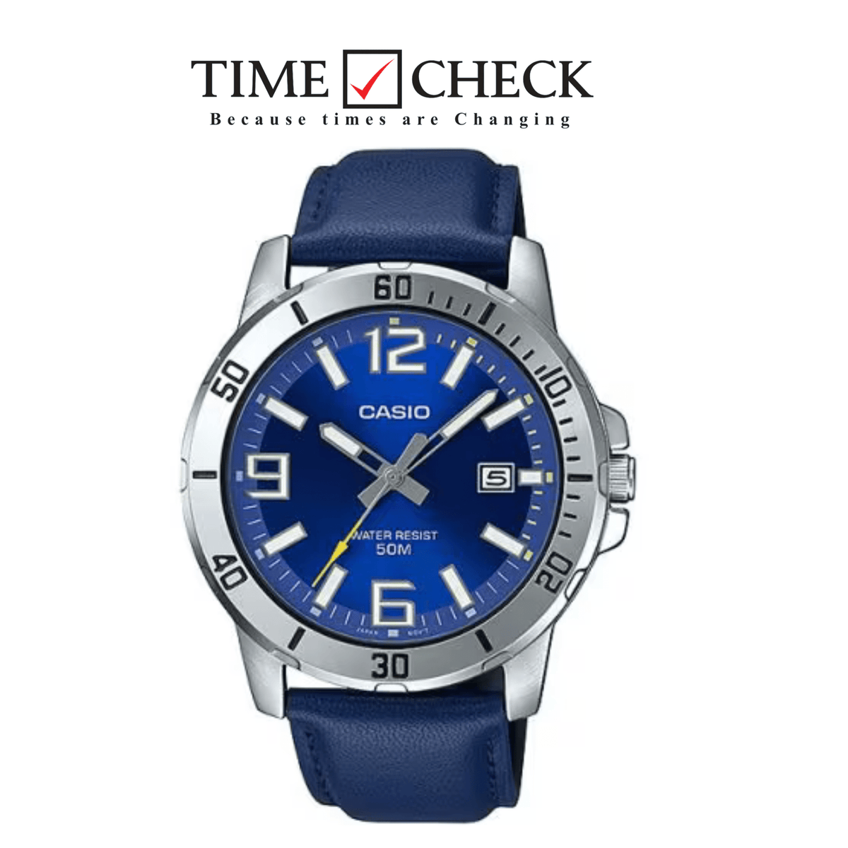 Casio MTP-VD01L-2BVUDF men's analog watch featuring a vibrant blue dial face, polished steel case, and blue leather strap