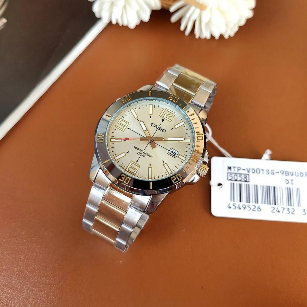 MTP-VD01SG-9BVUDF Casio Gold Dial Silver Gold Stainless Steel Chain Analog Men's Watch. - Timecheck