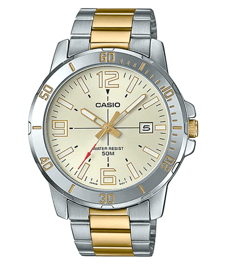 MTP-VD01SG-9BVUDF Casio Gold Dial Silver Gold Stainless Steel Chain Analog Men's Watch. - Timecheck