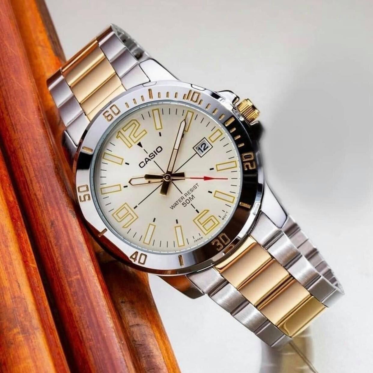 MTP-VD01SG-9BVUDF Casio Gold Dial Silver Gold Stainless Steel Chain Analog Men's Watch. - Timecheck
