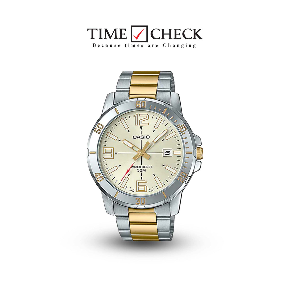 MTP-VD01SG-9BVUDF Casio Gold Dial Silver Gold Stainless Steel Chain Analog Men's Watch. - Timecheck