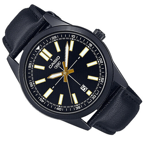 MTP-VD02BL-1EUDF Casio Black Dial Black Leather Strap Analog Quartz Men's Watch. - Timecheck